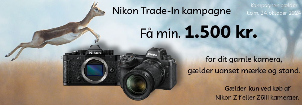 Nikon Trade in Kampange Få min 1.500 kr. for dit gamle kamera Gælder uanset mærke og stand gælder kun ved køb af Nikon Z f Kamera